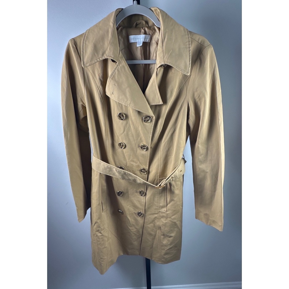 New York & Company Trench Coat Womens Medium Tan Double Breasted Belted